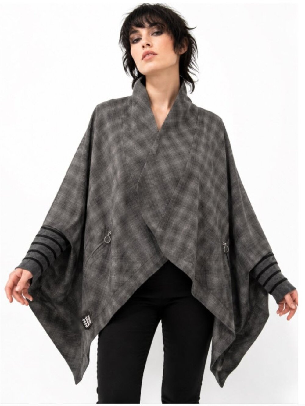 Annie Thompson Grey Plaid Asymmetrical Wrap Poncho Jacket One Size